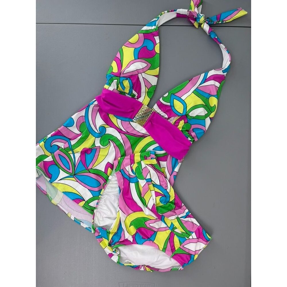 Tara Grinna women's‎ 32 8 retro multicolor halter tie tankini swimsuit 2pc set